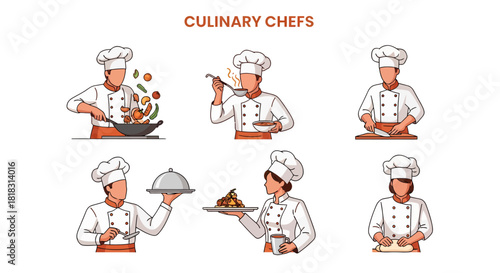 Six illustrations of culinary chefs performing various kitchen tasks in white uniforms