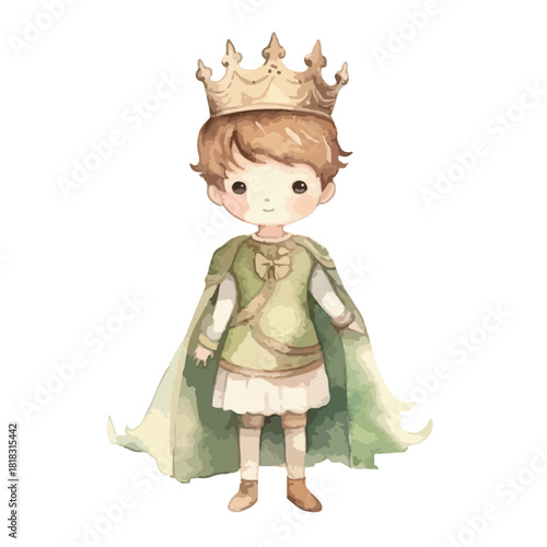 Watercolor Portrait of a Cute Little King in a Green Cloak