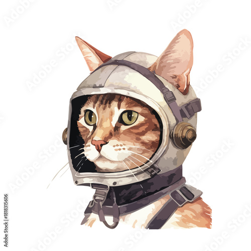 Watercolor Portrait of a Tabby Cat Astronaut with Green Eyes and Space Helmet