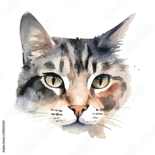 Watercolor Portrait of a Tabby Cat with Golden Eyes and Striped Fur