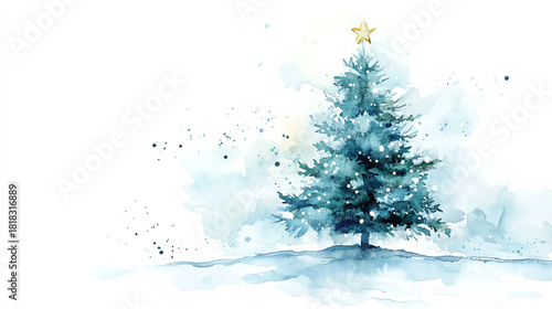 Watercolor Christmas tree silhouette with soft washes gentle transitions and small decorative dots floating on white background for modern holiday style