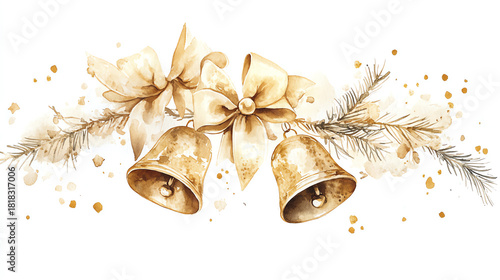 Watercolor jingle bell cluster with warm golden tones delicate highlights and small bows resting on clean white background for classic Christmas charm
