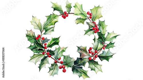 Watercolor holly wreath with dense leaves rich berries and delicate shadows floating on a bright white backdrop for bold festive impact