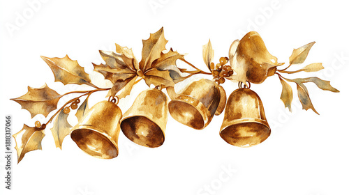 Watercolor jingle bell cluster with warm golden tones delicate highlights and small bows resting on clean white background for classic Christmas charm
