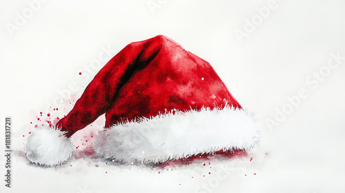 Watercolor Santa hat with soft red fabric and fluffy white trim centered on a clean white backdrop offering a joyful simple Christmas motif