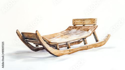 Watercolor sled with simple wooden textures gentle shading and minimal winter accents floating on white background for nostalgic seasonal charm