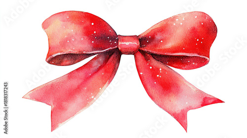 Watercolor red ribbon bow with smooth shading and soft festive glow isolated on white background adding a cheerful decorative holiday touch