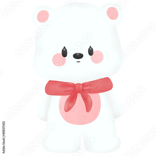Cute White Bear Cartoon with Red Scarf - Watercolor