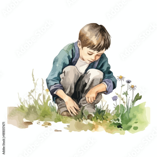 Young Boy Crouching in Field Gazing at Daisies with Contemplative Expression