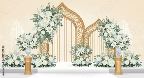 Elegant Wedding Arch with White Flowers and Golden Accents.