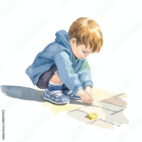 Young Boy in Blue Hoodie Drawing with Chalk on Pavement