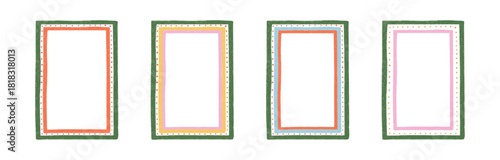 Hand Drawn xmas red, green frame set with doodle, lights, dots. Whimsical line borders for Merry Christmas, New Year, birthday, wedding, poster. Vintage minimalist vector illustration.