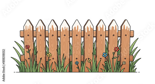 Wooden Picket Fence with Green Grass and Small Flowers.