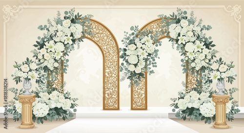 Elegant Wedding Archway with Floral Decorations and Golden Accents.