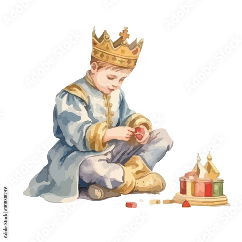 Young Prince in Robes Plays with Wooden Toy Castle Lost in Imagination