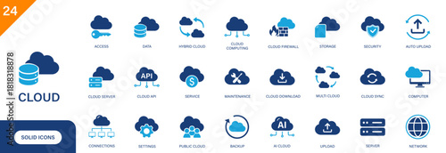 Cloud icon. Includes online storage, data, cloud services, public, server, internet connection, public cloud. Solid vector icon set.