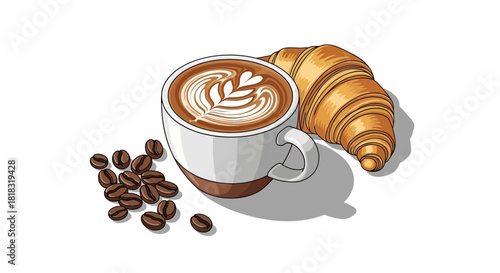 Indulge in a tasty morning with a delicious croissant, coffee, and coffee beans, perfect for a bright start to the day and sweet treat cravings