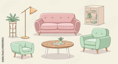 Cozy Living Room Furniture Set with Sofa Armchairs Coffee Table and Lamp.