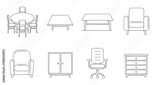 Collection of Furniture Line Art Icons for Interior Design.