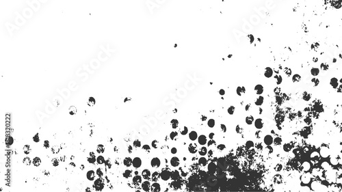 Black circles and irregular shapes scattered on a white background spot