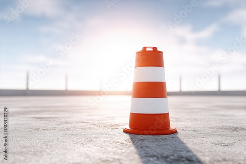 Traffic Safety Cone On Asphalt Road In Morning Sunlight. Construction Site Safety Equipment Concept