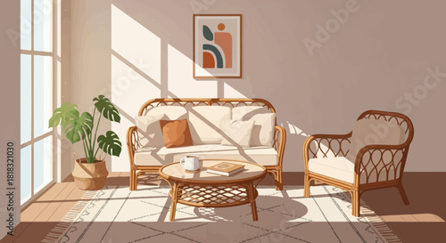 Cozy living room interior with rattan furniture and warm sunlight.