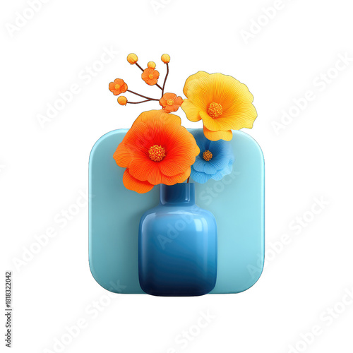 Modern 3D App Icon with Colorful Flowers in a Blue Vase