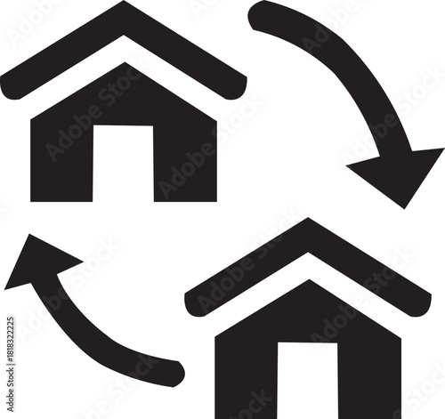 Icon depicting two houses exchanging positions with curved arrows