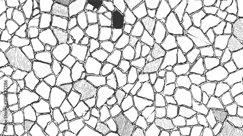 Black and white irregular polygon pattern with varied hatching textures abstract background