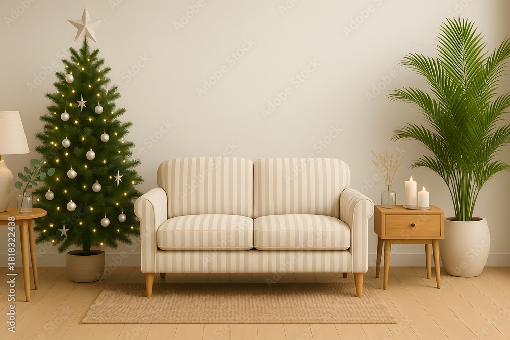 Obraz premium Striped sofa beside christmas tree and green plant showcasing elegant living room interior with festive and natural touches