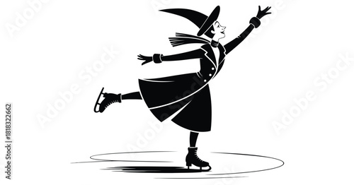 Whimsical black-and-white illustration of a witch ice skating in winter, blending Halloween charm with festive motion 