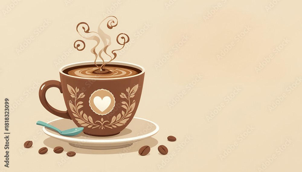Obraz premium Illustration of a steaming cup of coffee with a heart design on a saucer with scattered coffee beans