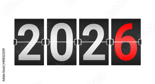 Mechanical flip display with changing 2026 digits on a classic split flap panel without background.