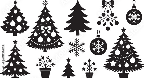 Black Christmas ornaments and trees, including snowflakes and mistletoe, adorn this festive silhouette