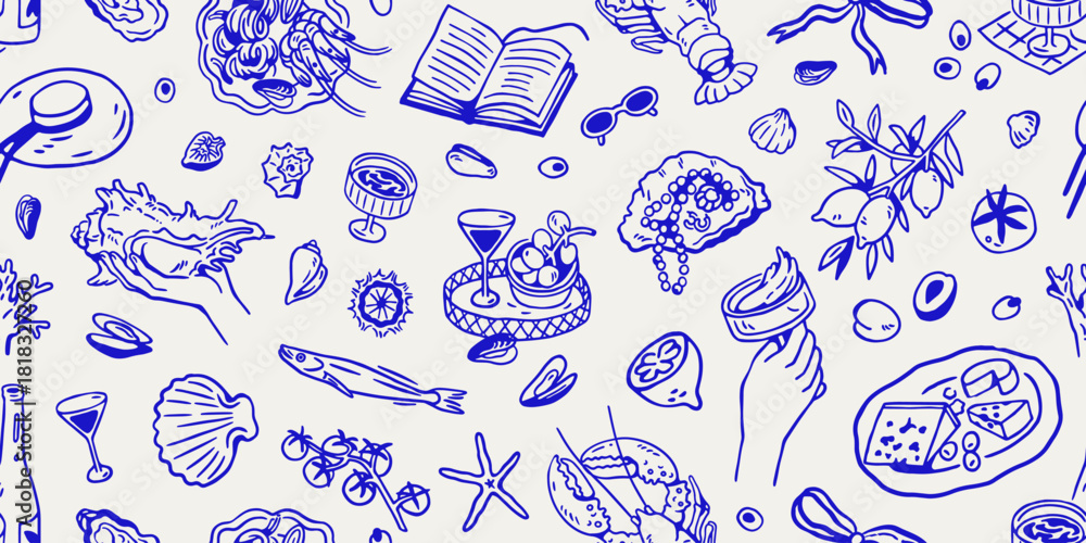Naklejka premium Dolce vita seamless pattern. Italian summer holiday, endless print design with sea food, seashells, coastal Mediterranean line art in retro doodle sketch style. Hand-drawn vector illustration