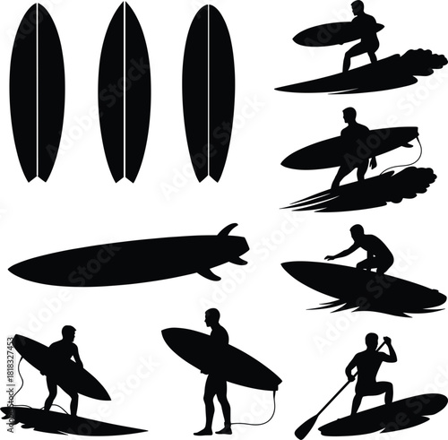 Surfing silhouettes set, various surfers riding waves, paddle boarding, surfboard design, water sport vector collection