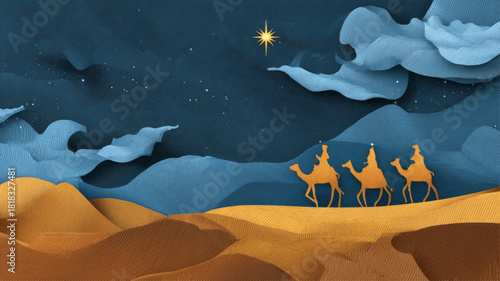 Stylized Three Wise Men riding through textured golden dunes under the radiant Epiphany star in a dramatic night sky.