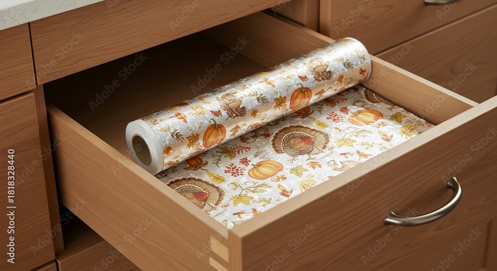 Fototapeta premium Lining a wooden kitchen drawer with decorative agate pattern shelf paper for organization.