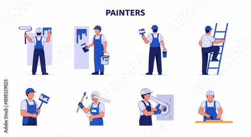 Eight blueoveralled painters performing various tasks including rolling brushing and sanding