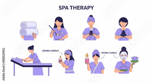 Eight purpleclad figures performing various spa therapy actions against a white background