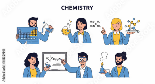 Six cartoon chemists illustrating various concepts with tools and diagrams