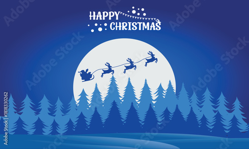 Christmas night scene with Santa sleigh silhouette, winter moon background