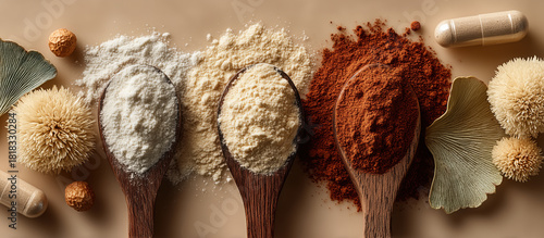 Natural powders arranged in wooden spoons, showcasing variety of colors and textures. Surrounding elements include capsules and dried plant materials, creating organic and healthy aesthetic
