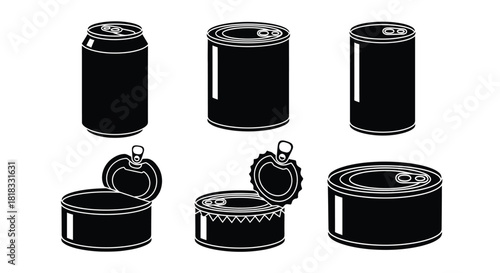 Illustrative black metal cans in various stages of opening