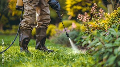 Worker spraying pest control on vibrant green lawn for efficient pest management solutions