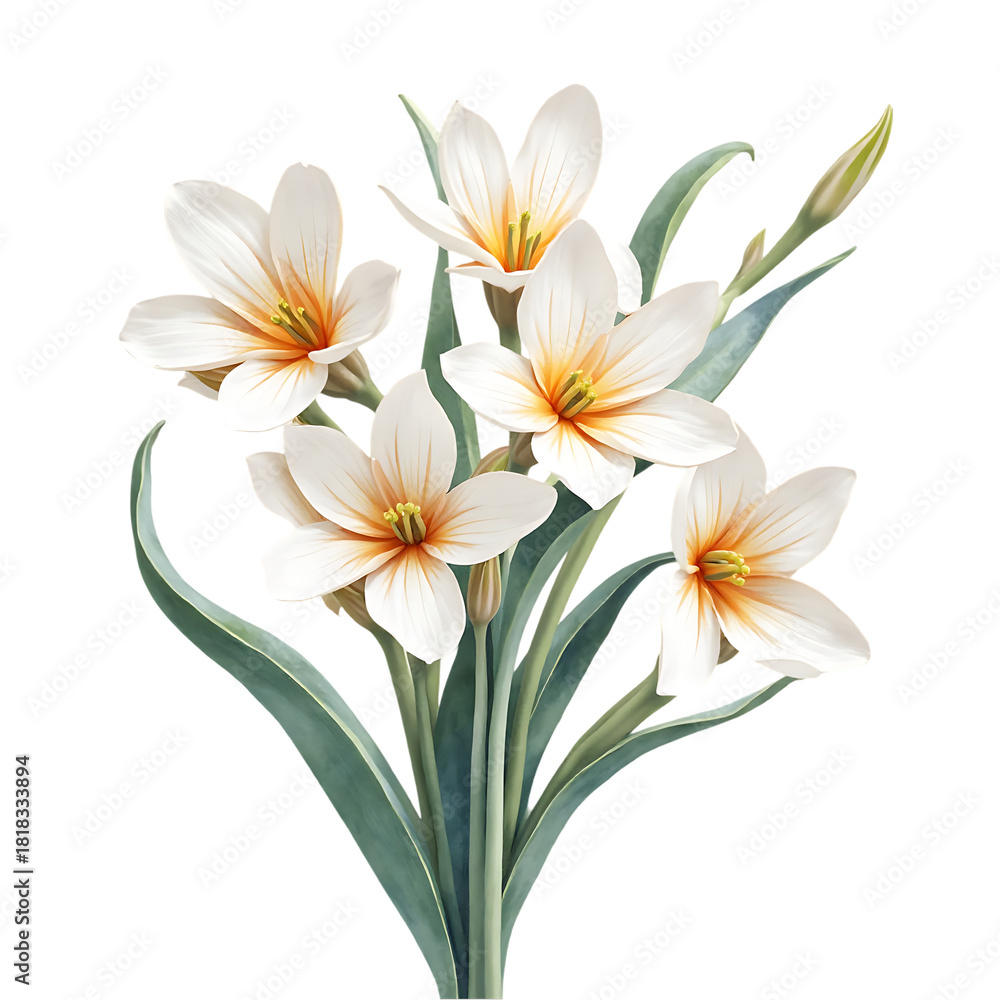 Fototapeta premium White Tulip Flowers with Green Leaves Blooming in Artistic Style for Nature and Floral Design
