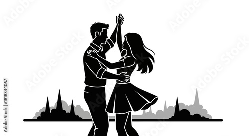 Elegant couple dancing in silhouette against city skyline background