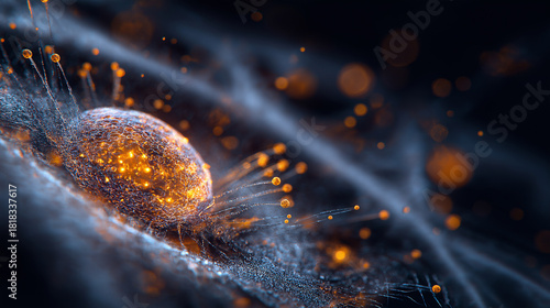 Close-up detailed macro shot of glowing biological nucleus, Futuristic biotechnology tissue with illuminated cell structure