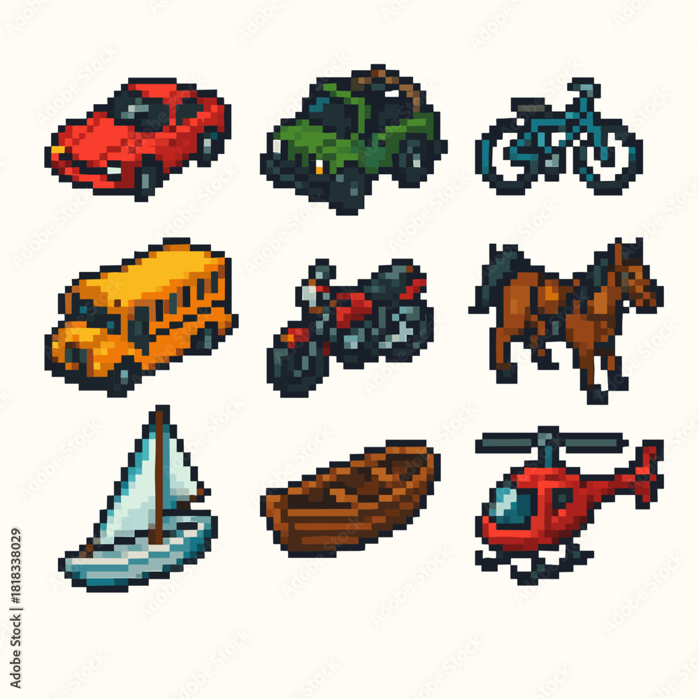 Fototapeta premium Pixelated transportation set featuring car, jeep, bicycle, bus, motorcycle, horse, boat and helicopter for retro game design or creative projects