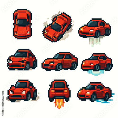 Retro pixel art red sports car collection for game design and nostalgic projects, ideal for vintage gaming content and creative designs, racing vibes abound